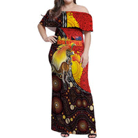 Australia and Papua New Guinea Together Off Shoulder Maxi Dress Bird-of-paradise and Kangaroo with Oro Tapa and Aboriginal Art Motifs LT03 Women Black - Polynesian Pride