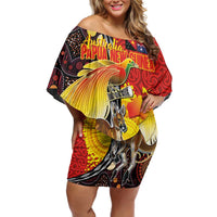 Australia and Papua New Guinea Together Off Shoulder Short Dress Bird-of-paradise and Kangaroo with Oro Tapa and Aboriginal Art Motifs LT03 Women Black - Polynesian Pride
