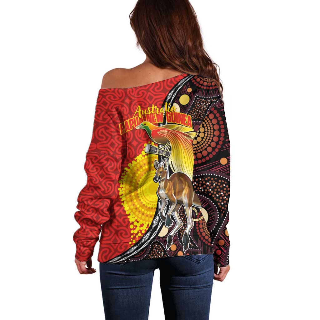 Australia and Papua New Guinea Together Off Shoulder Sweater Bird-of-paradise and Kangaroo with Oro Tapa and Aboriginal Art Motifs LT03 - Polynesian Pride