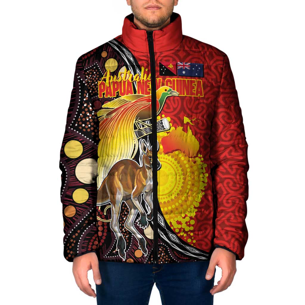 Australia and Papua New Guinea Together Padded Jacket Bird-of-paradise and Kangaroo with Oro Tapa and Aboriginal Art Motifs LT03 Men Black - Polynesian Pride