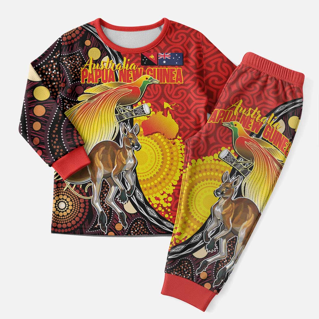 Australia and Papua New Guinea Together Christmas Pajama Set Bird-of-paradise and Kangaroo with Oro Tapa and Aboriginal Art Motifs LT03 Men Black - Polynesian Pride