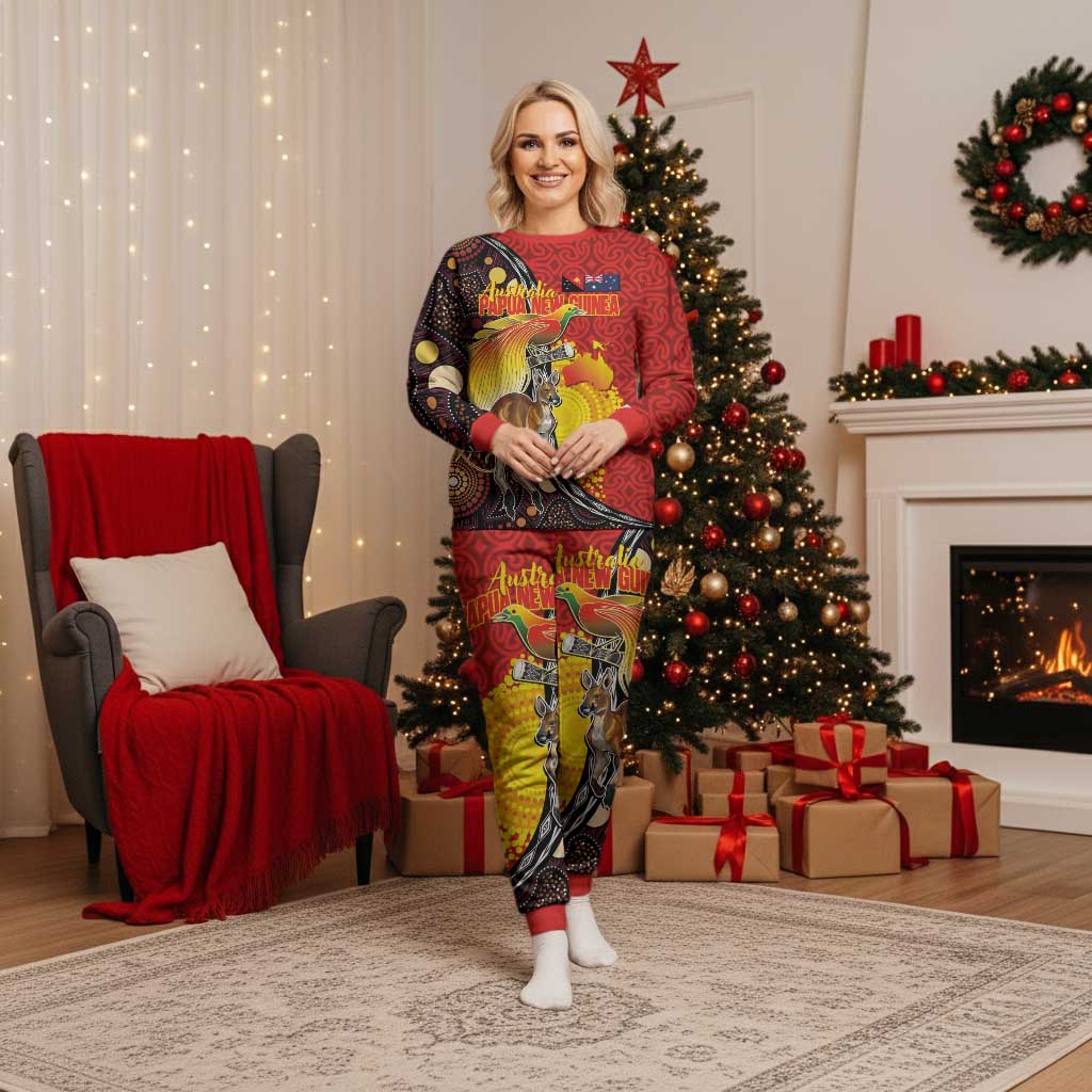 Australia and Papua New Guinea Together Christmas Pajama Set Bird-of-paradise and Kangaroo with Oro Tapa and Aboriginal Art Motifs LT03 Women Black - Polynesian Pride