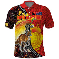 Australia and Papua New Guinea Together Polo Shirt Bird-of-paradise and Kangaroo with Oro Tapa and Aboriginal Art Motifs LT03 Black - Polynesian Pride