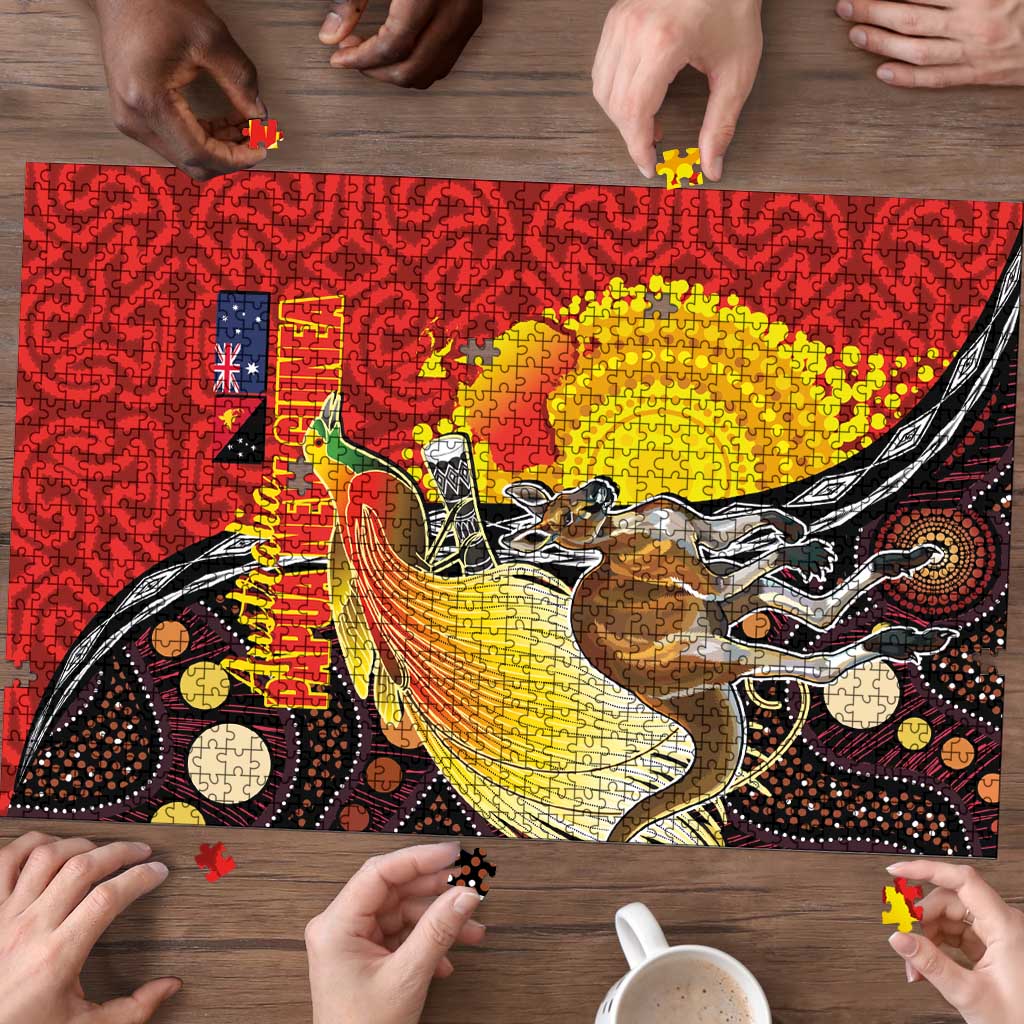 Australia and Papua New Guinea Together Puzzle Bird-of-paradise and Kangaroo with Oro Tapa and Aboriginal Art Motifs LT03 - Polynesian Pride