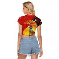 Australia and Papua New Guinea Together Raglan Cropped T Shirt Bird-of-paradise and Kangaroo with Oro Tapa and Aboriginal Art Motifs LT03 - Polynesian Pride