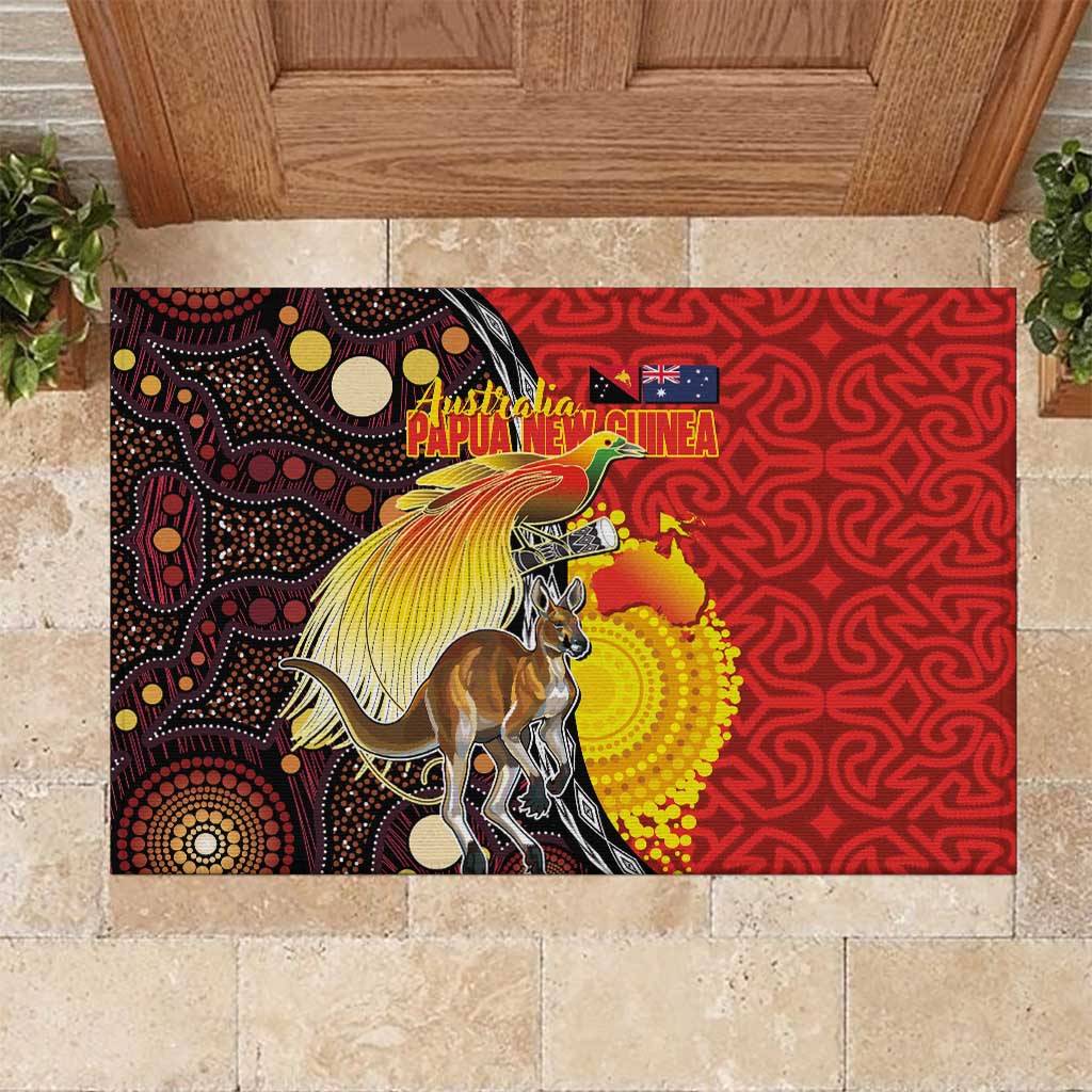 Australia and Papua New Guinea Together Rubber Doormat Bird-of-paradise and Kangaroo with Oro Tapa and Aboriginal Art Motifs LT03 Black - Polynesian Pride