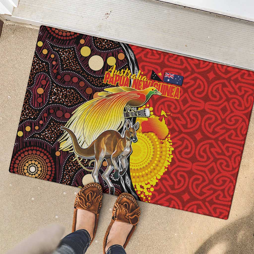 Australia and Papua New Guinea Together Rubber Doormat Bird-of-paradise and Kangaroo with Oro Tapa and Aboriginal Art Motifs LT03 - Polynesian Pride