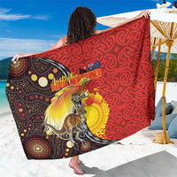 Australia and Papua New Guinea Together Sarong Bird-of-paradise and Kangaroo with Oro Tapa and Aboriginal Art Motifs LT03 One Size 44 x 66 inches Black - Polynesian Pride