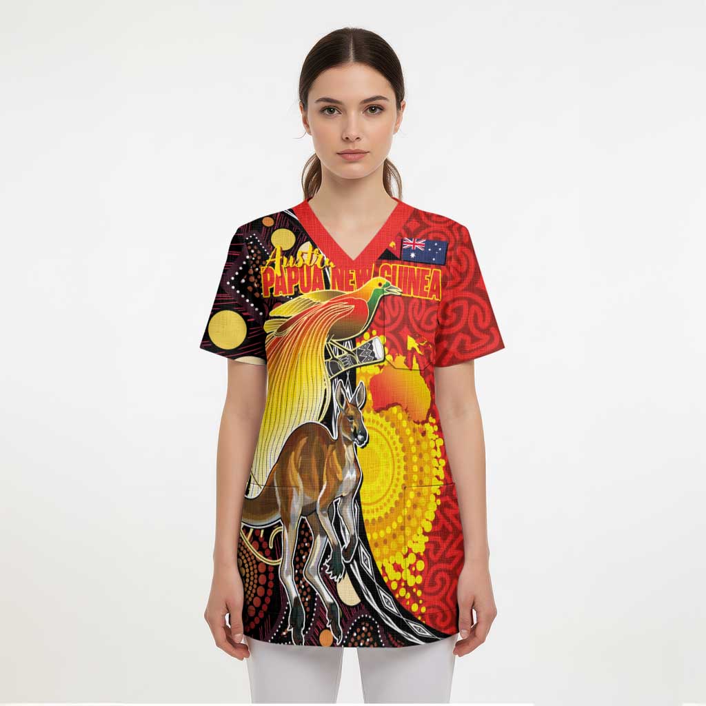 Australia and Papua New Guinea Together Scrub Top Bird-of-paradise and Kangaroo with Oro Tapa and Aboriginal Art Motifs LT03 - Polynesian Pride
