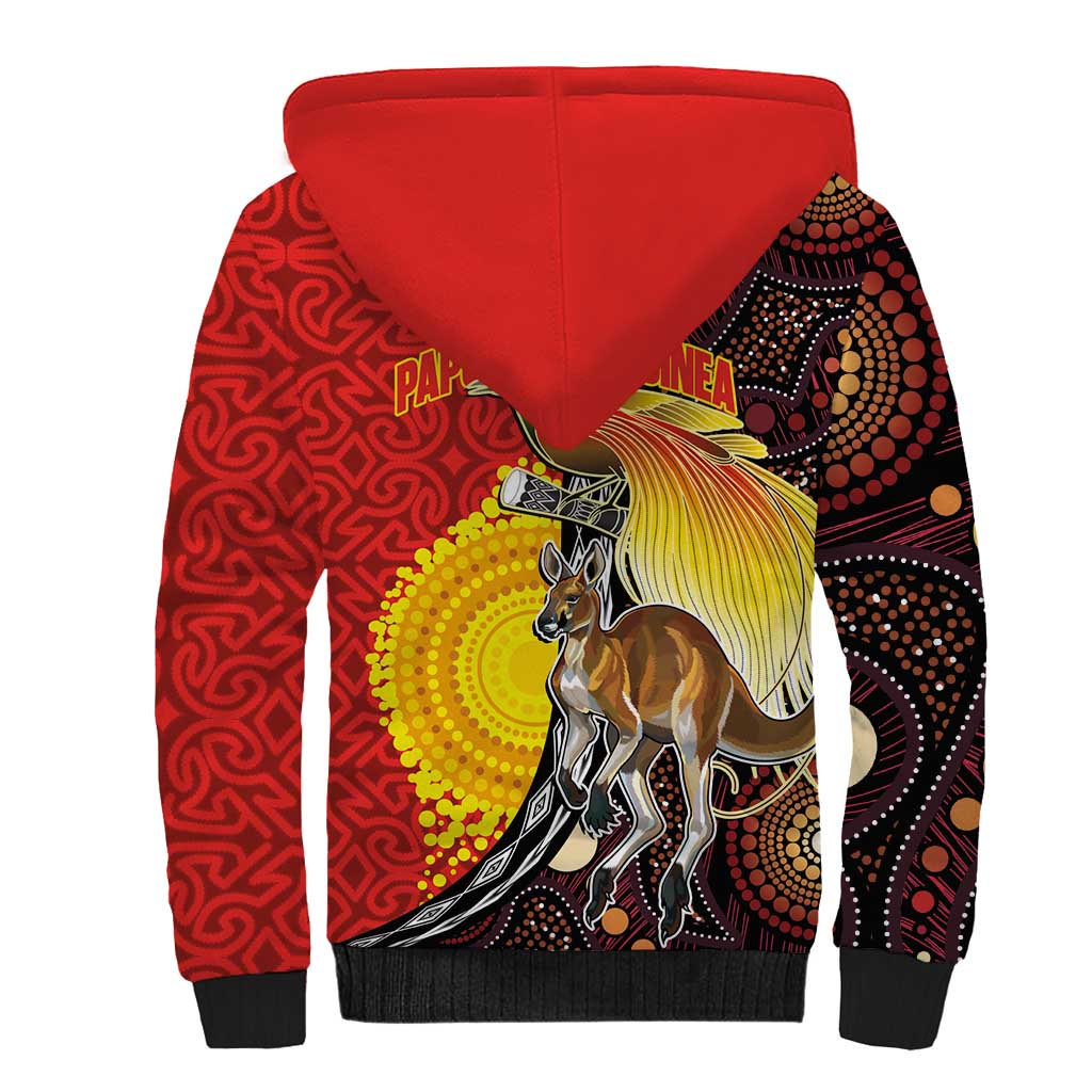 Australia and Papua New Guinea Together Sherpa Hoodie Bird-of-paradise and Kangaroo with Oro Tapa and Aboriginal Art Motifs LT03 - Polynesian Pride