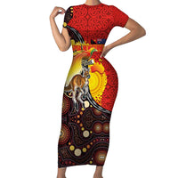 Australia and Papua New Guinea Together Short Sleeve Bodycon Dress Bird-of-paradise and Kangaroo with Oro Tapa and Aboriginal Art Motifs LT03 Long Dress Black - Polynesian Pride