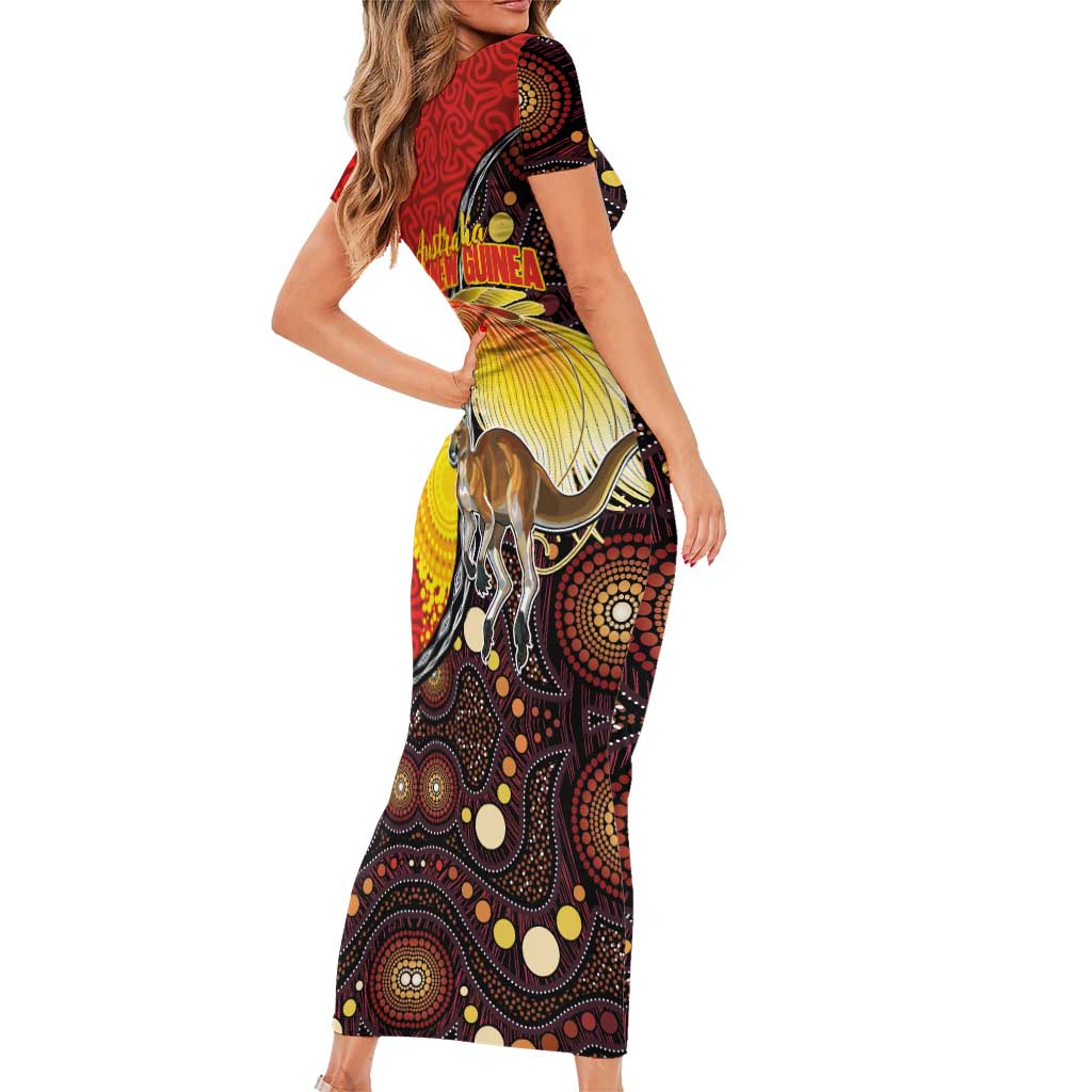 Australia and Papua New Guinea Together Short Sleeve Bodycon Dress Bird-of-paradise and Kangaroo with Oro Tapa and Aboriginal Art Motifs LT03 - Polynesian Pride