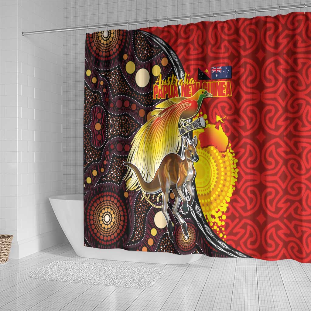 Australia and Papua New Guinea Together Shower Curtain Bird-of-paradise and Kangaroo with Oro Tapa and Aboriginal Art Motifs LT03 - Polynesian Pride