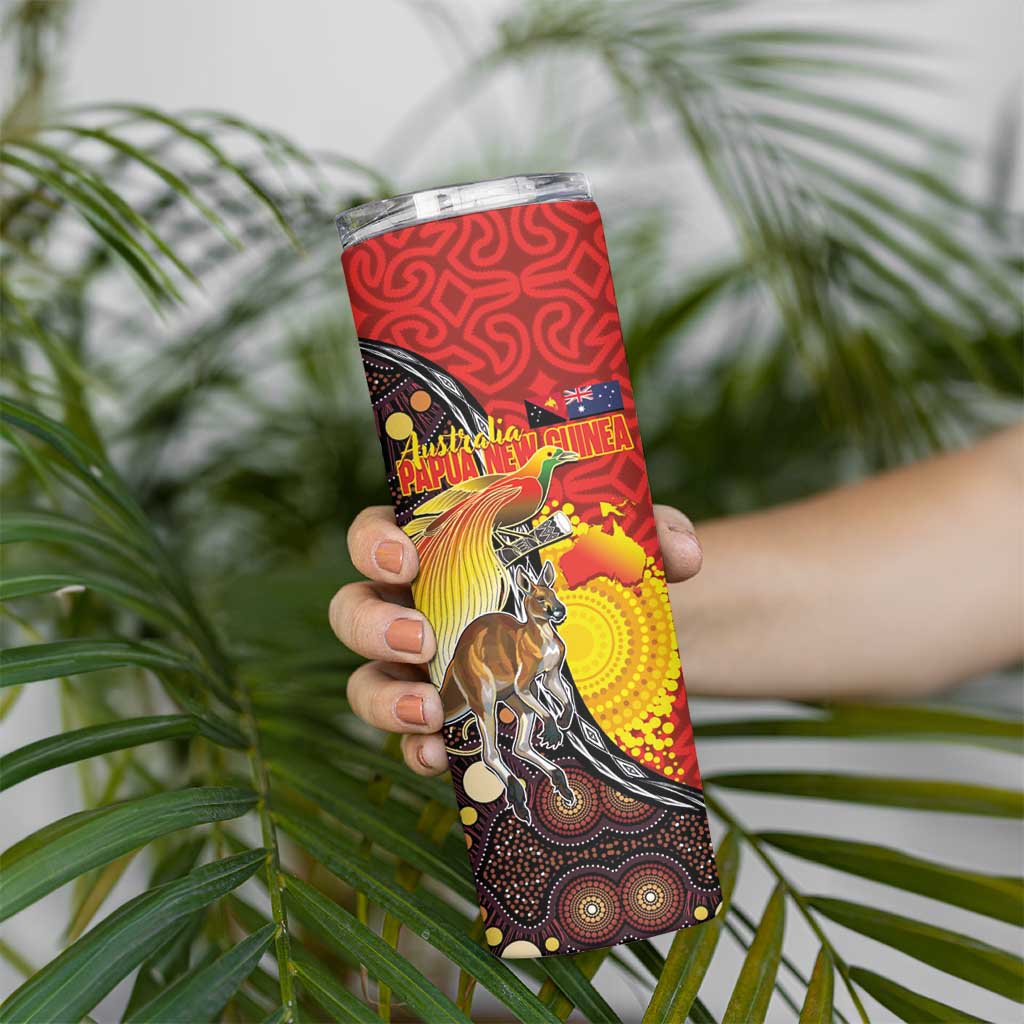 Australia and Papua New Guinea Together Skinny Tumbler Bird-of-paradise and Kangaroo with Oro Tapa and Aboriginal Art Motifs LT03 - Polynesian Pride