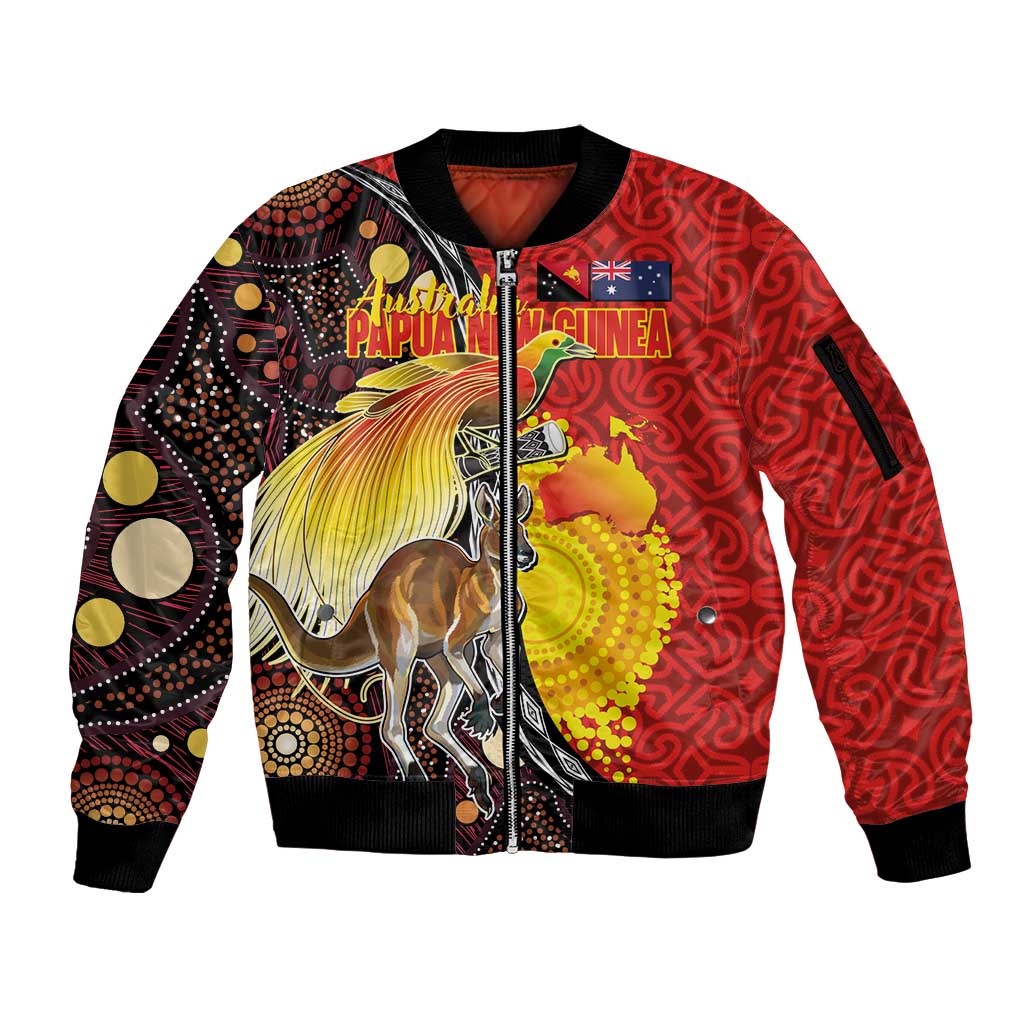 Australia and Papua New Guinea Together Sleeve Zip Bomber Jacket Bird-of-paradise and Kangaroo with Oro Tapa and Aboriginal Art Motifs LT03 Unisex Black - Polynesian Pride