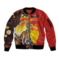 Australia and Papua New Guinea Together Sleeve Zip Bomber Jacket Bird-of-paradise and Kangaroo with Oro Tapa and Aboriginal Art Motifs LT03 Unisex Black - Polynesian Pride
