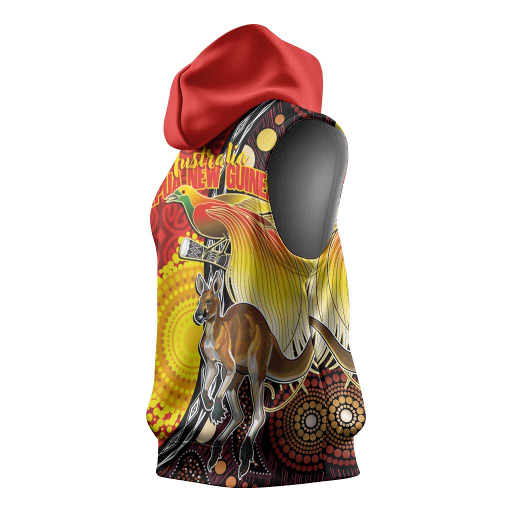 Australia and Papua New Guinea Together Sleeveless Hoodie Bird-of-paradise and Kangaroo with Oro Tapa and Aboriginal Art Motifs LT03 - Polynesian Pride