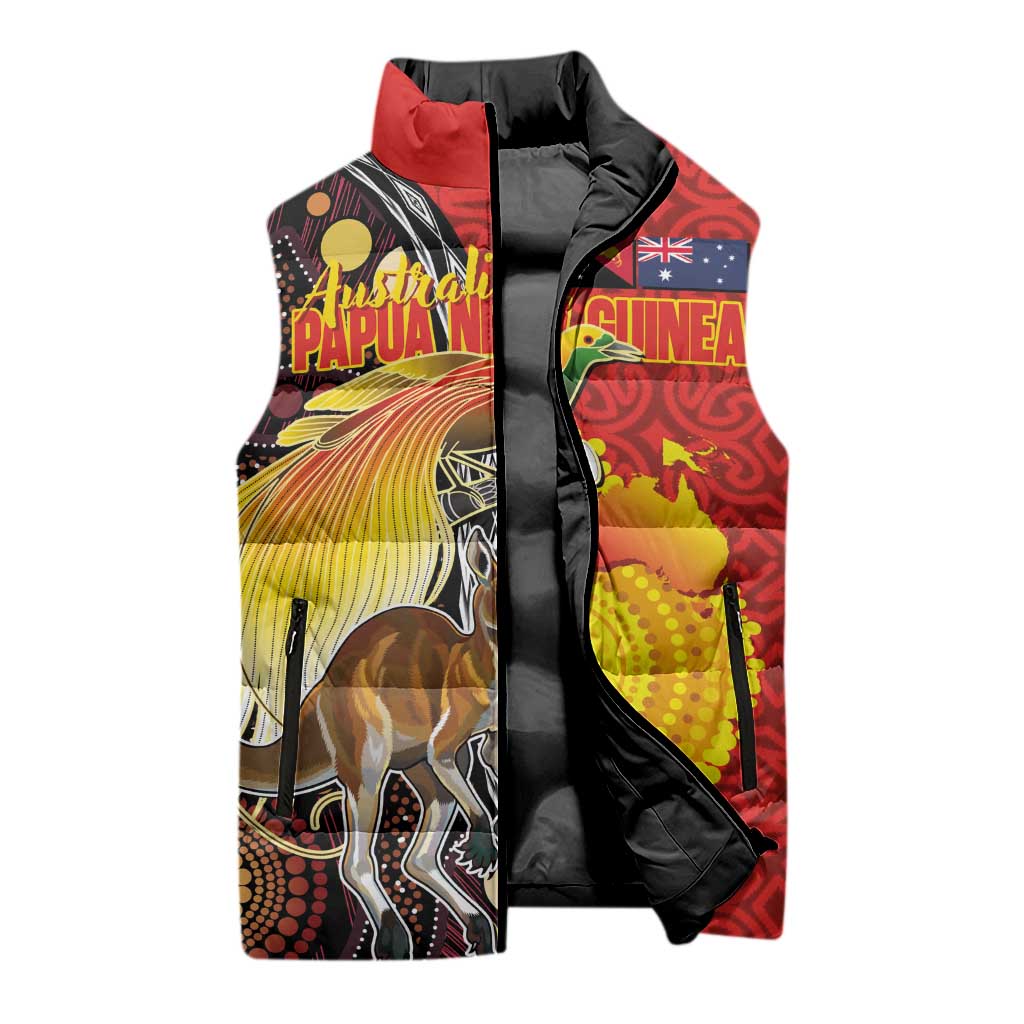 Australia and Papua New Guinea Together Sleeveless Puffer Jacket Bird-of-paradise and Kangaroo with Oro Tapa and Aboriginal Art Motifs LT03 - Polynesian Pride