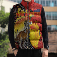 Australia and Papua New Guinea Together Sleeveless Puffer Jacket Bird-of-paradise and Kangaroo with Oro Tapa and Aboriginal Art Motifs LT03 - Polynesian Pride