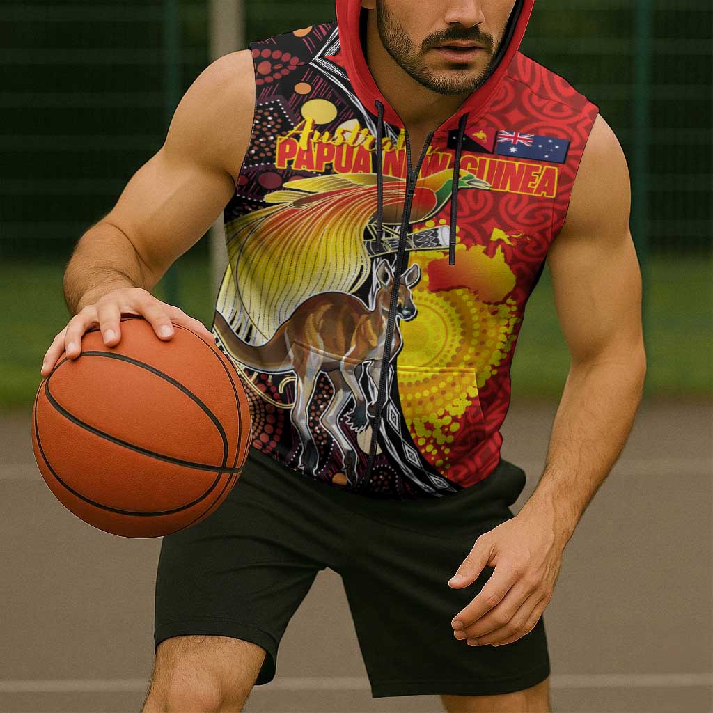 Australia and Papua New Guinea Together Sleeveless Zip Hoodie Bird-of-paradise and Kangaroo with Oro Tapa and Aboriginal Art Motifs LT03 - Polynesian Pride