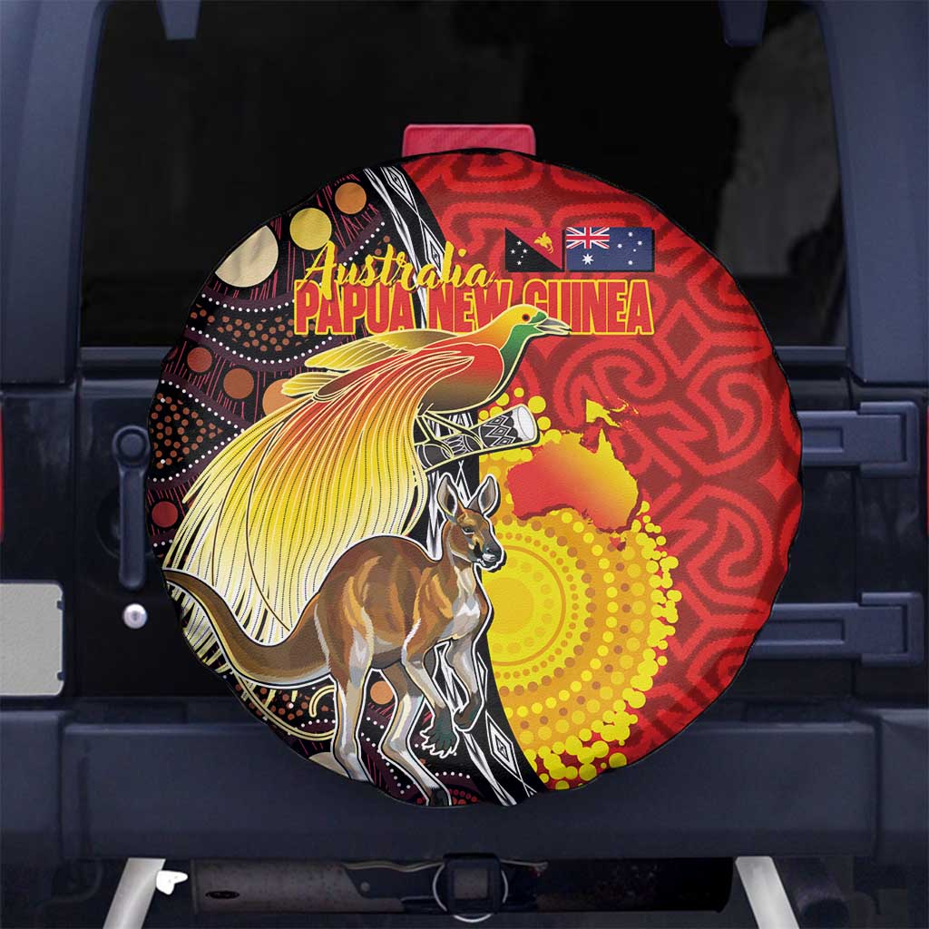 Australia and Papua New Guinea Together Spare Tire Cover Bird-of-paradise and Kangaroo with Oro Tapa and Aboriginal Art Motifs LT03 No hole Black - Polynesian Pride