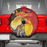 Australia and Papua New Guinea Together Spare Tire Cover Bird-of-paradise and Kangaroo with Oro Tapa and Aboriginal Art Motifs LT03 - Polynesian Pride