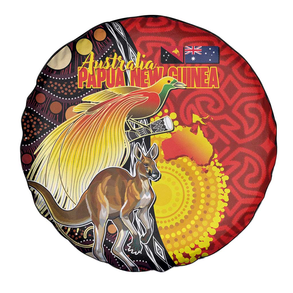 Australia and Papua New Guinea Together Spare Tire Cover Bird-of-paradise and Kangaroo with Oro Tapa and Aboriginal Art Motifs LT03 - Polynesian Pride