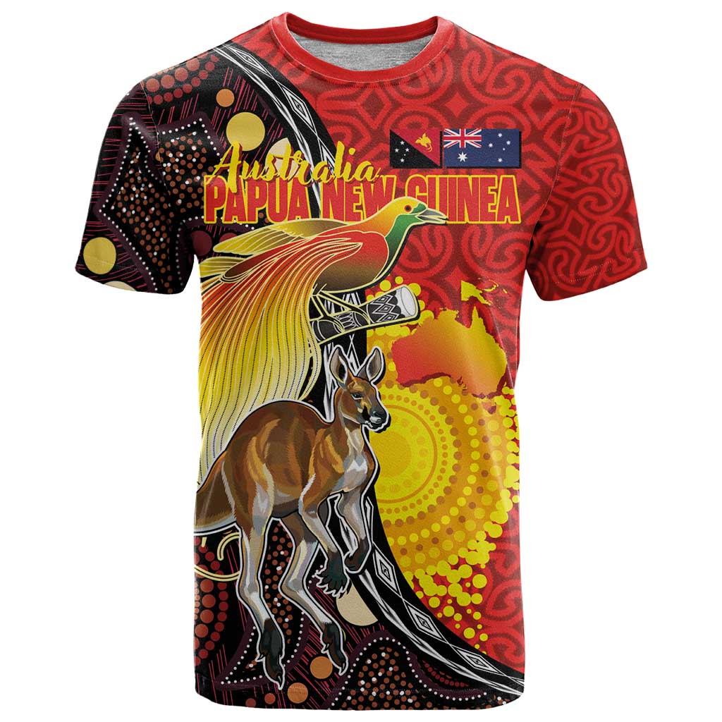 Australia and Papua New Guinea Together T Shirt Bird-of-paradise and Kangaroo with Oro Tapa and Aboriginal Art Motifs LT03 Black - Polynesian Pride