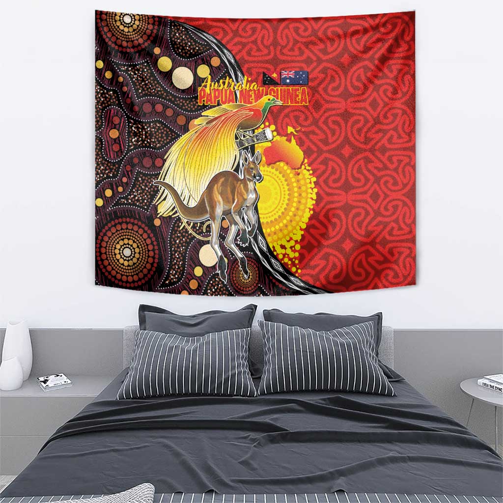 Australia and Papua New Guinea Together Tapestry Bird-of-paradise and Kangaroo with Oro Tapa and Aboriginal Art Motifs LT03 - Polynesian Pride