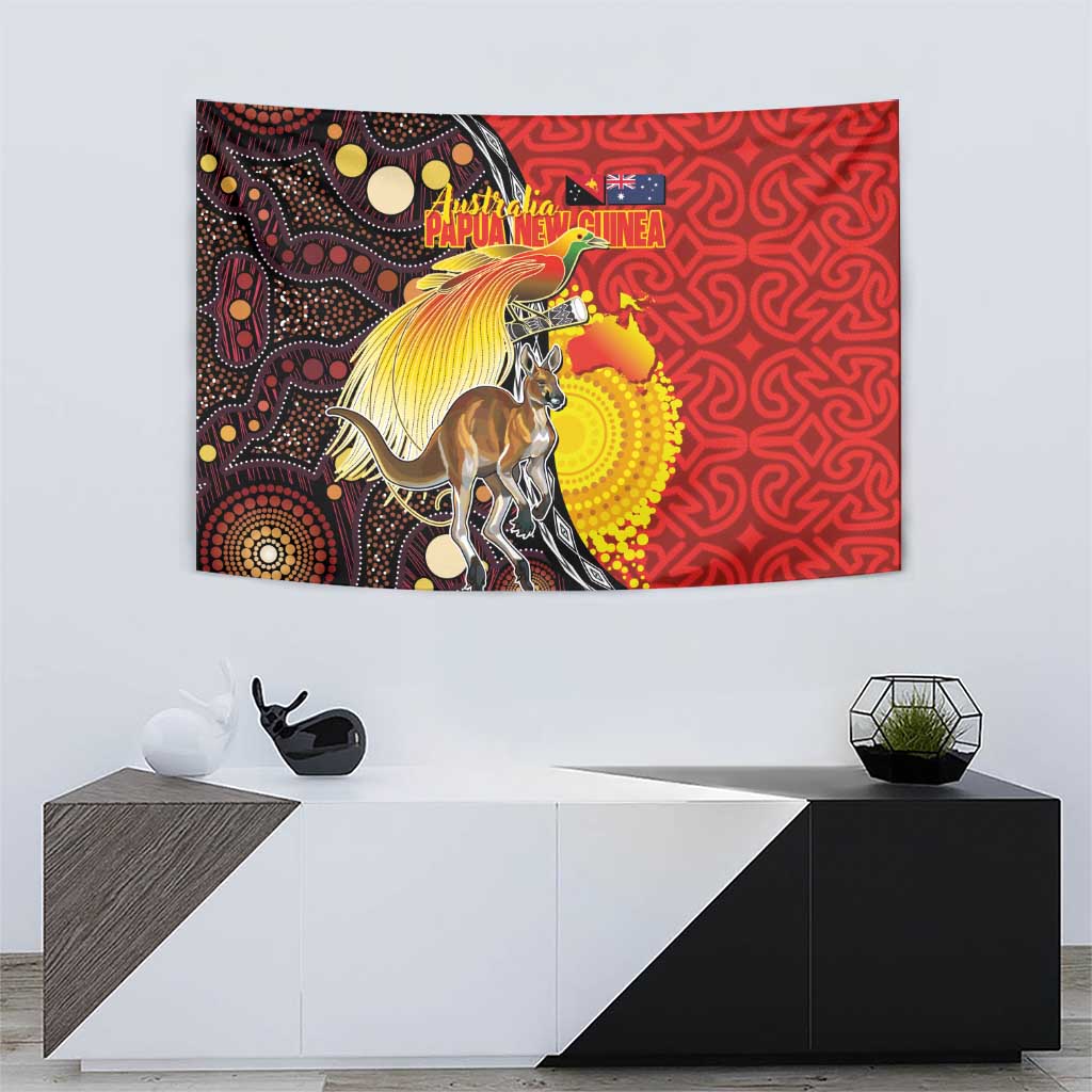 Australia and Papua New Guinea Together Tapestry Bird-of-paradise and Kangaroo with Oro Tapa and Aboriginal Art Motifs LT03 - Polynesian Pride