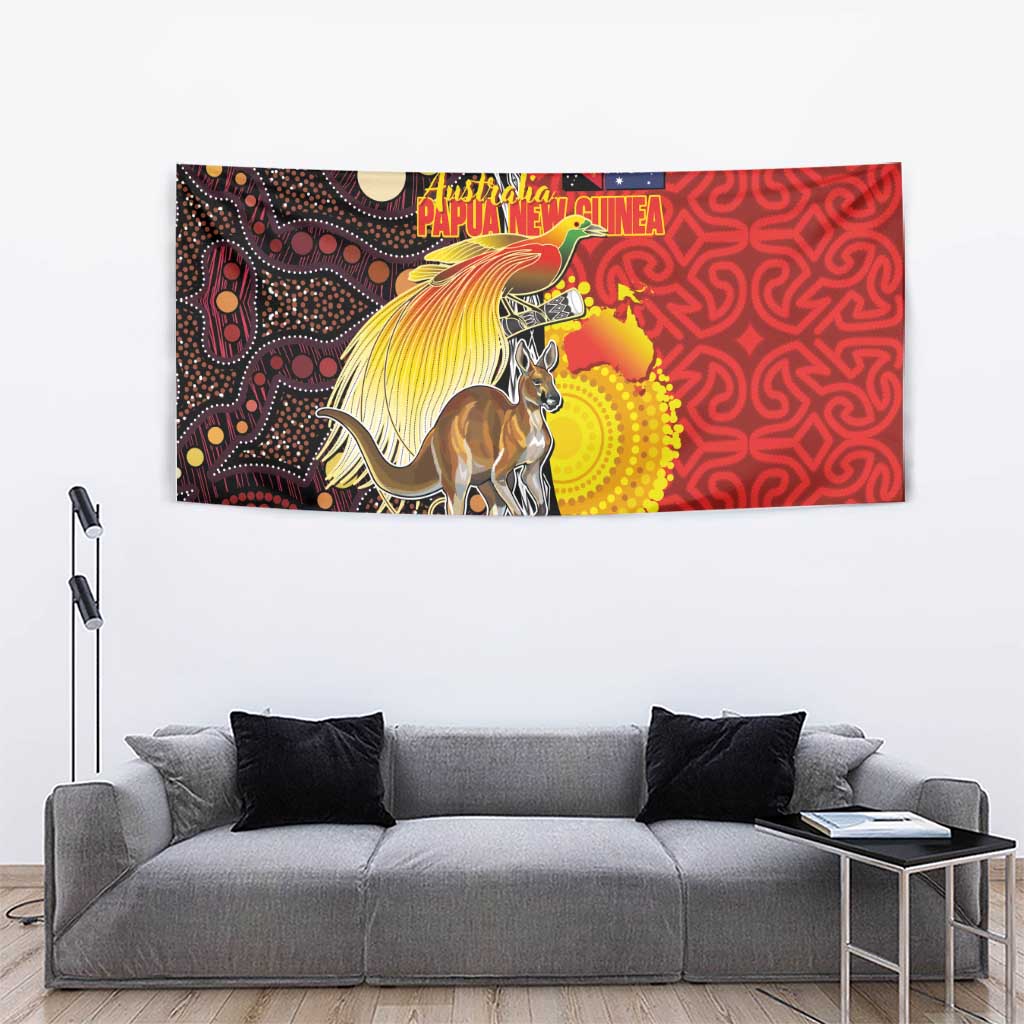 Australia and Papua New Guinea Together Tapestry Bird-of-paradise and Kangaroo with Oro Tapa and Aboriginal Art Motifs LT03 - Polynesian Pride