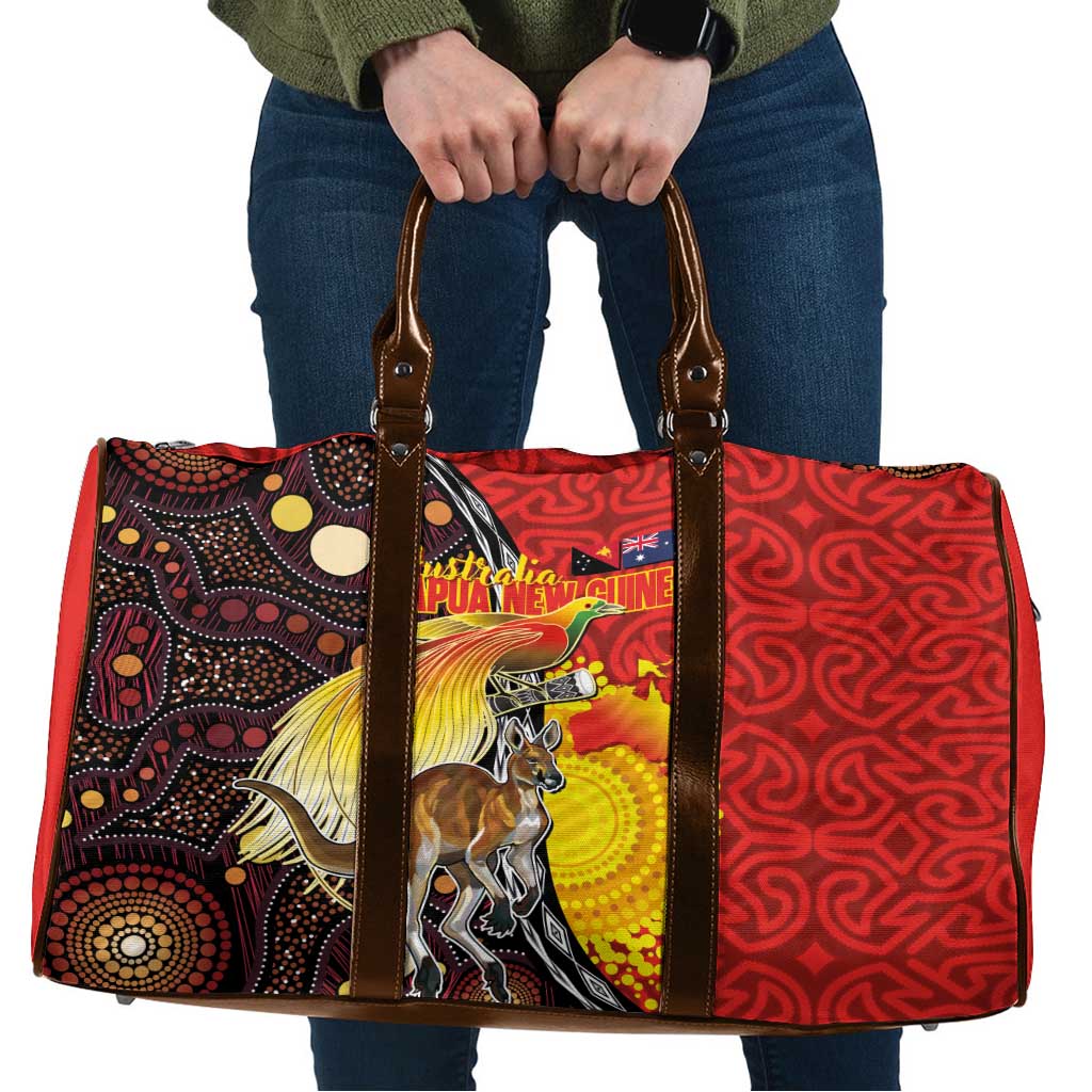 Australia and Papua New Guinea Together Travel Bag Bird-of-paradise and Kangaroo with Oro Tapa and Aboriginal Art Motifs LT03 Black - Polynesian Pride