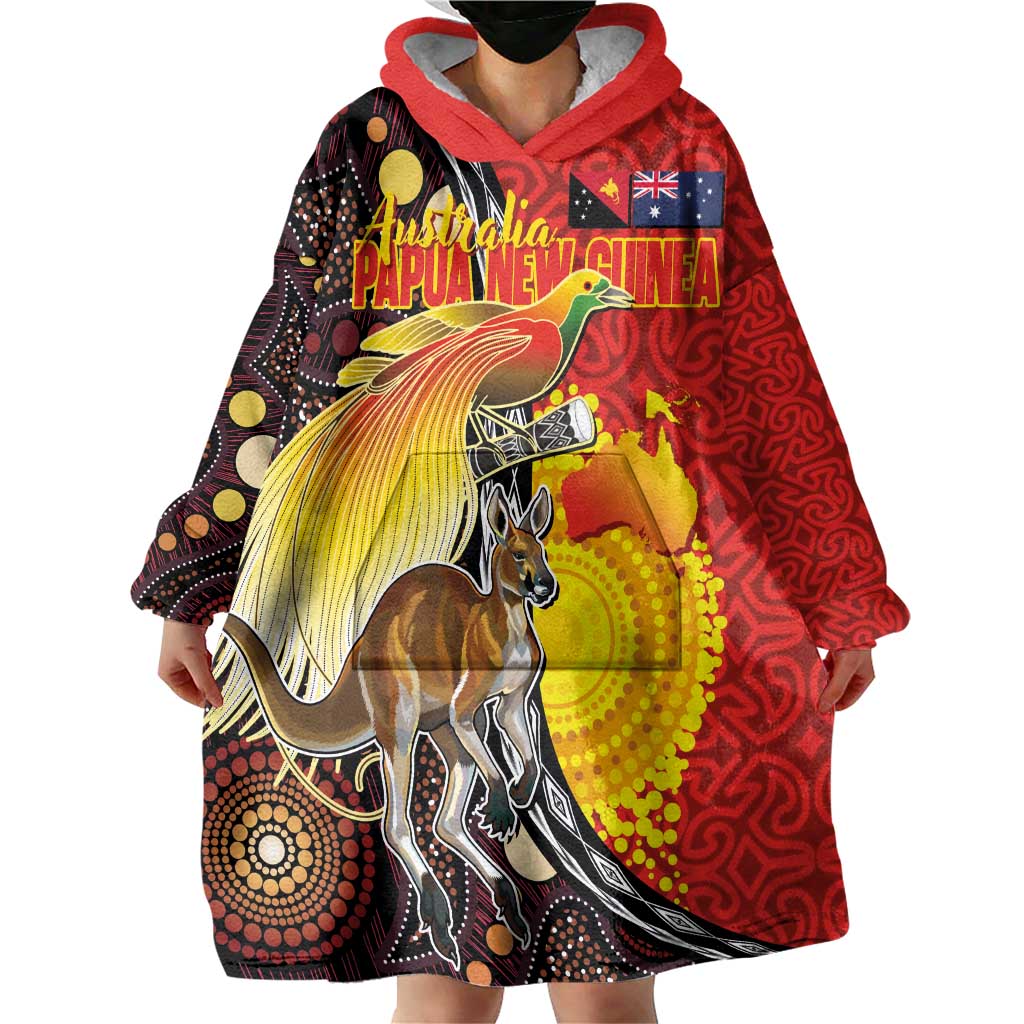 Australia and Papua New Guinea Together Wearable Blanket Hoodie Bird-of-paradise and Kangaroo with Oro Tapa and Aboriginal Art Motifs LT03 - Polynesian Pride