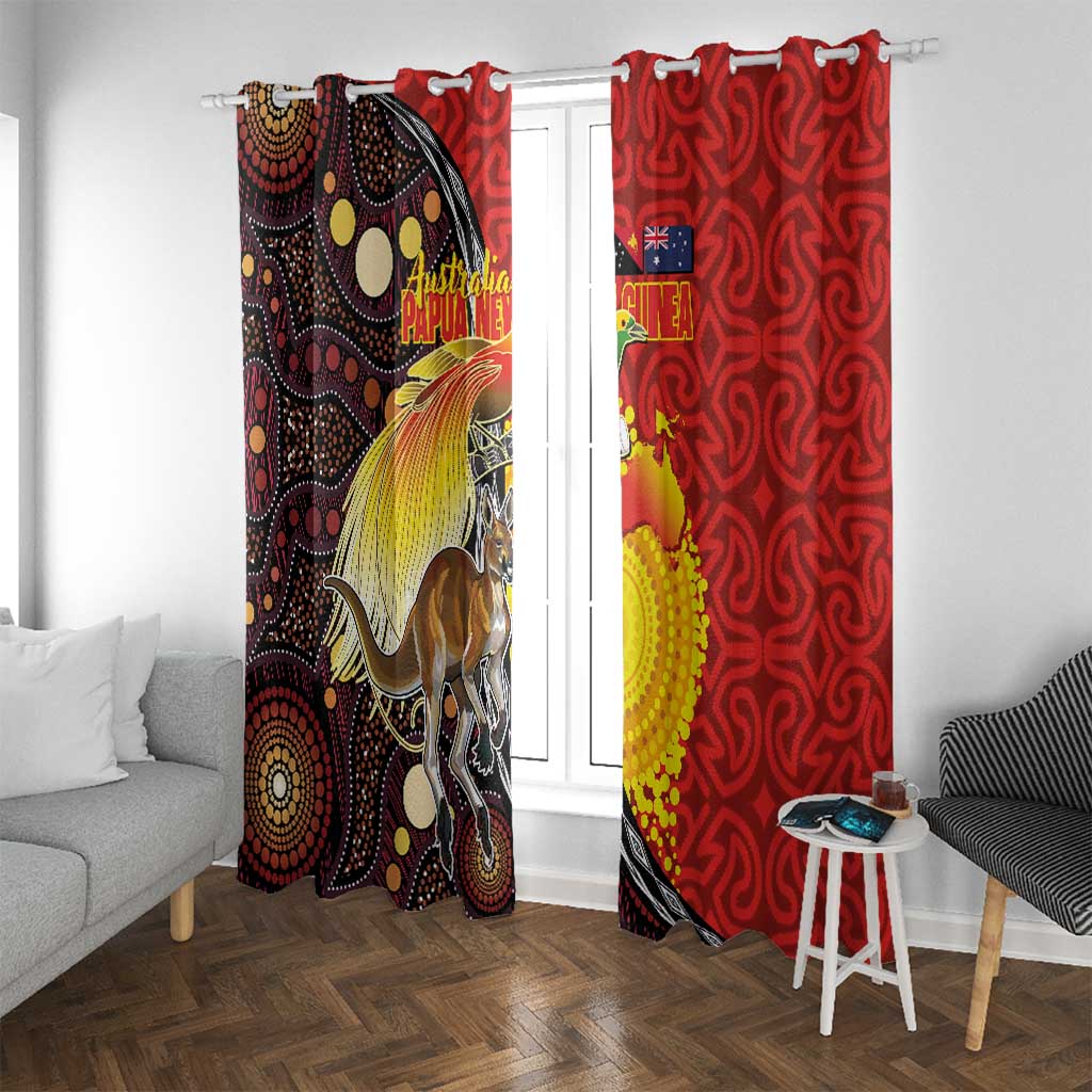 Australia and Papua New Guinea Together Window Curtain Bird-of-paradise and Kangaroo with Oro Tapa and Aboriginal Art Motifs LT03 With Grommets Black - Polynesian Pride