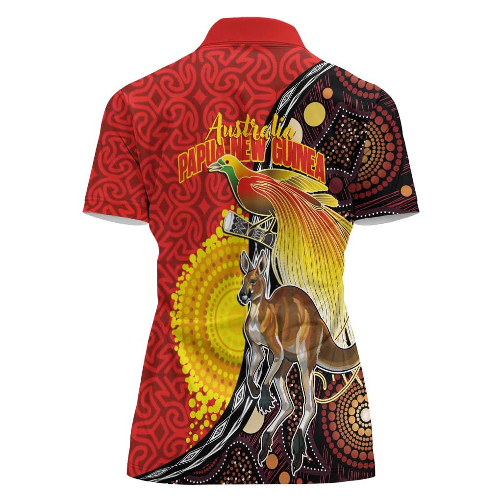 Australia and Papua New Guinea Together Women Polo Shirt Bird-of-paradise and Kangaroo with Oro Tapa and Aboriginal Art Motifs - Polynesian Pride