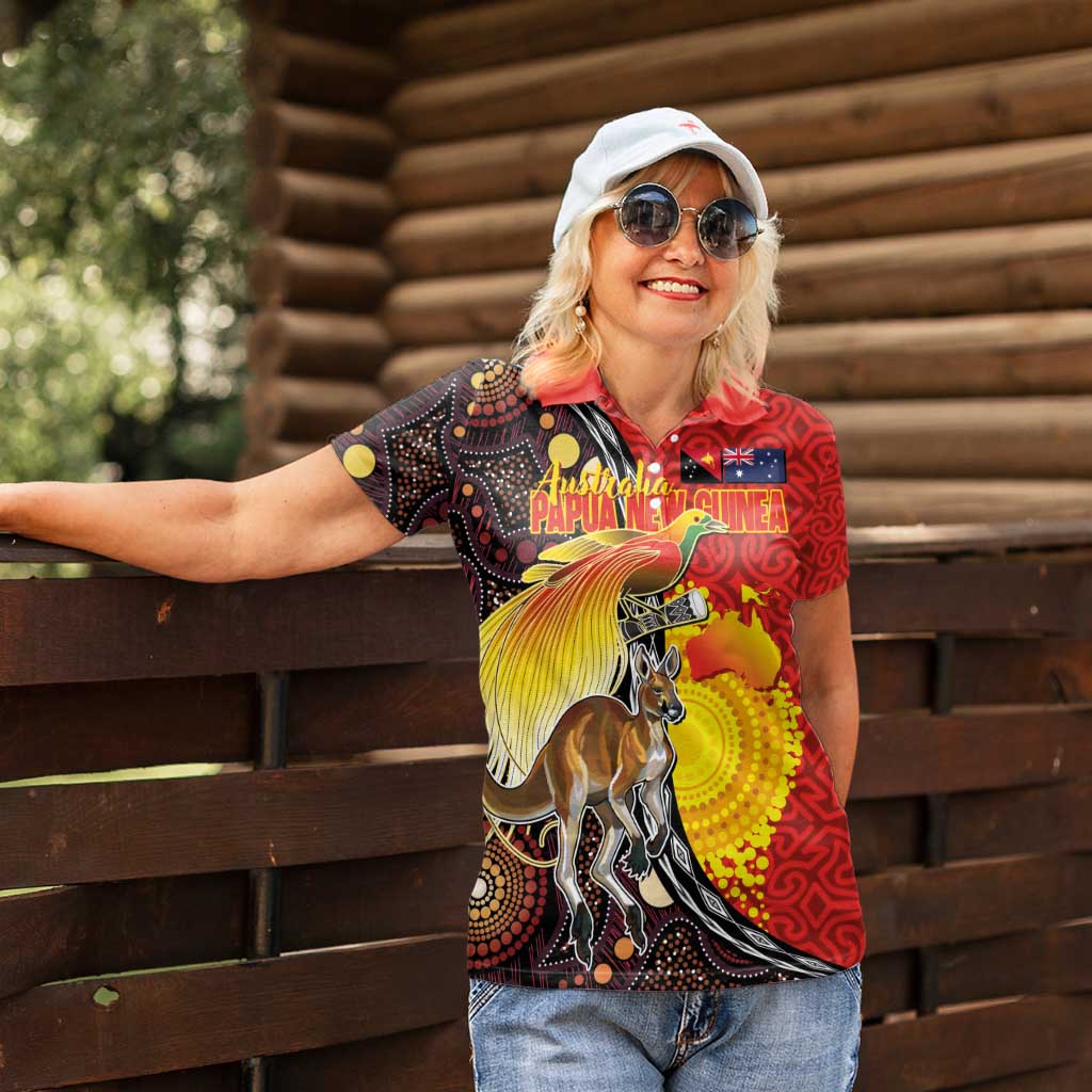 Australia and Papua New Guinea Together Women Polo Shirt Bird-of-paradise and Kangaroo with Oro Tapa and Aboriginal Art Motifs - Polynesian Pride