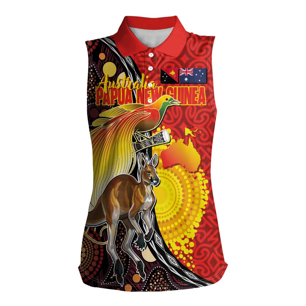 Australia and Papua New Guinea Together Women Sleeveless Polo Shirt Bird-of-paradise and Kangaroo with Oro Tapa and Aboriginal Art Motifs - Polynesian Pride