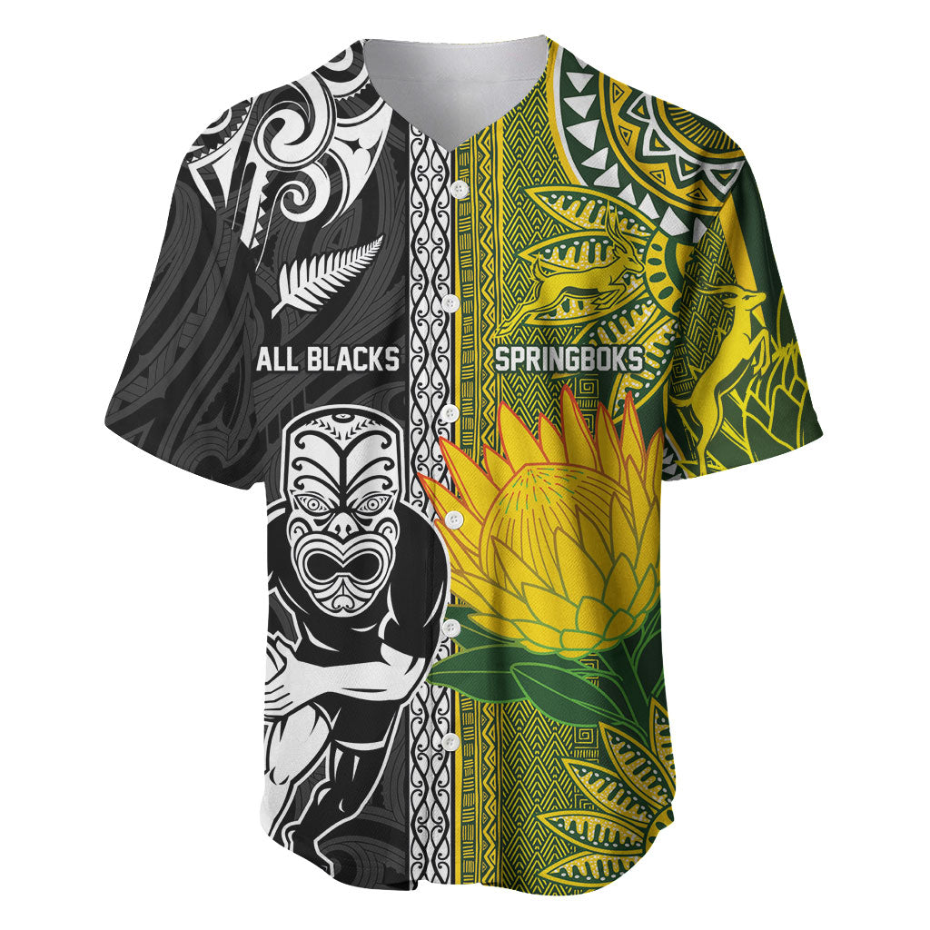 Custom Rugby New Zealand and South Africa Baseball Jersey Greatest Rivalry Silver Fern and Antelope
