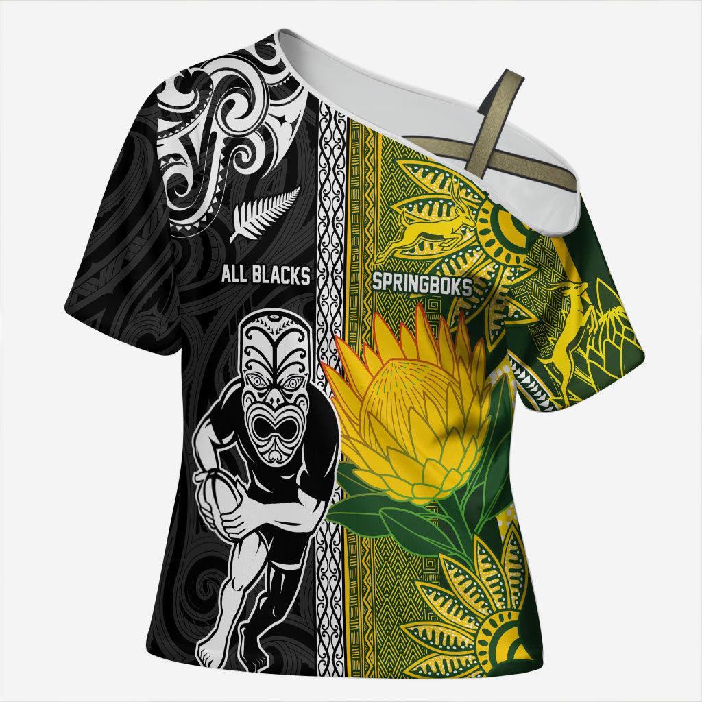 Custom Rugby New Zealand and South Africa Cross Shoulder Shirt Greatest Rivalry Silver Fern and Antelope