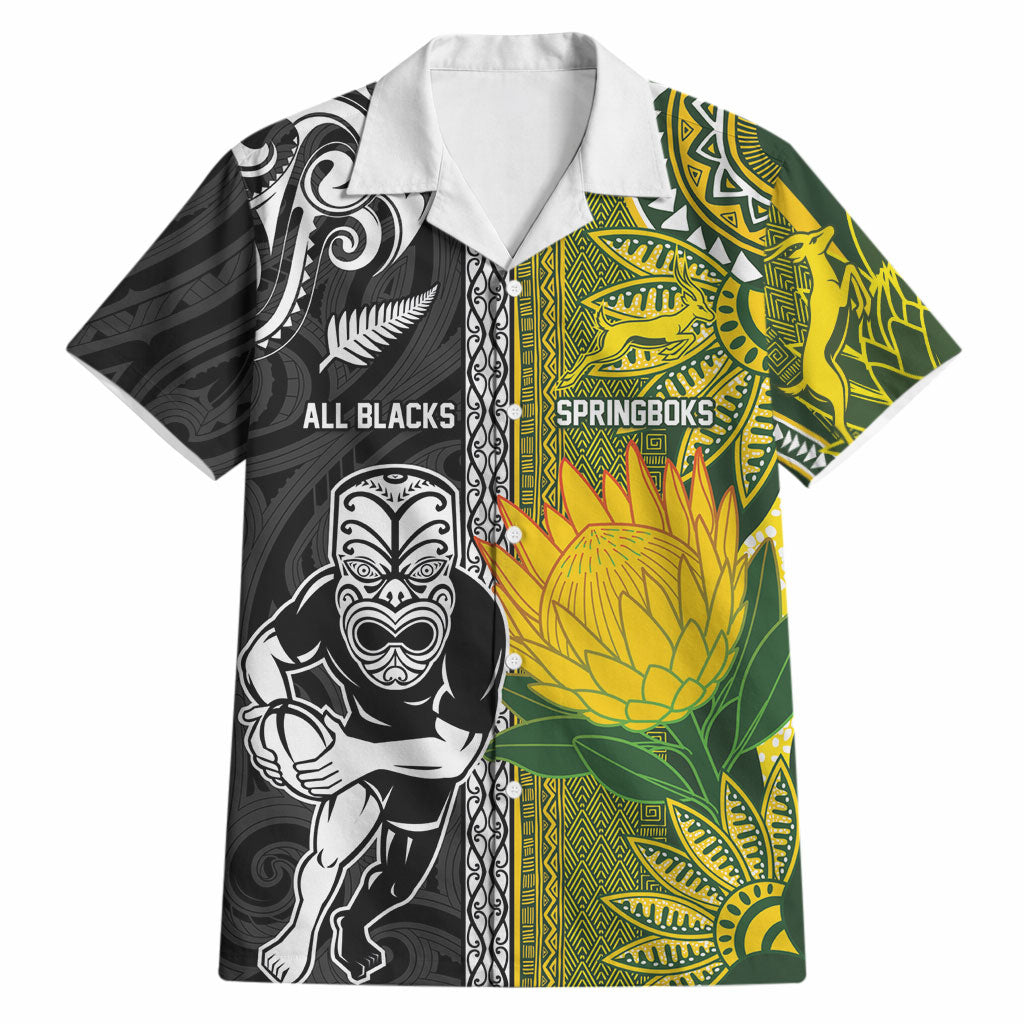 Custom Rugby New Zealand and South Africa Hawaiian Shirt Greatest Rivalry Silver Fern and Antelope