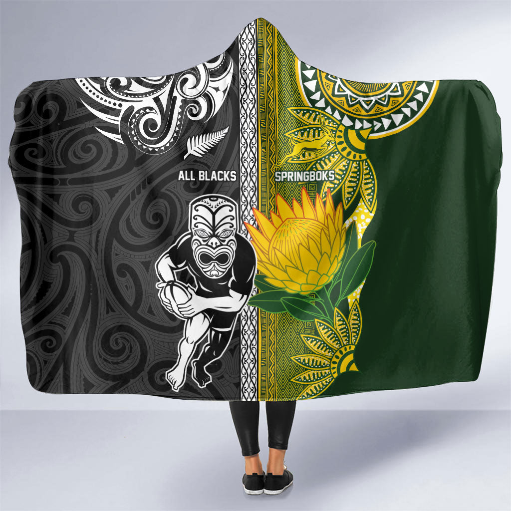 Rugby New Zealand and South Africa Hooded Blanket Greatest Rivalry Silver Fern and Antelope