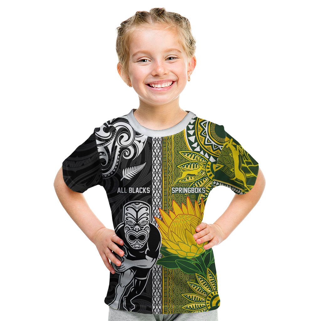Custom Rugby New Zealand and South Africa Kid T Shirt Greatest Rivalry Silver Fern and Antelope