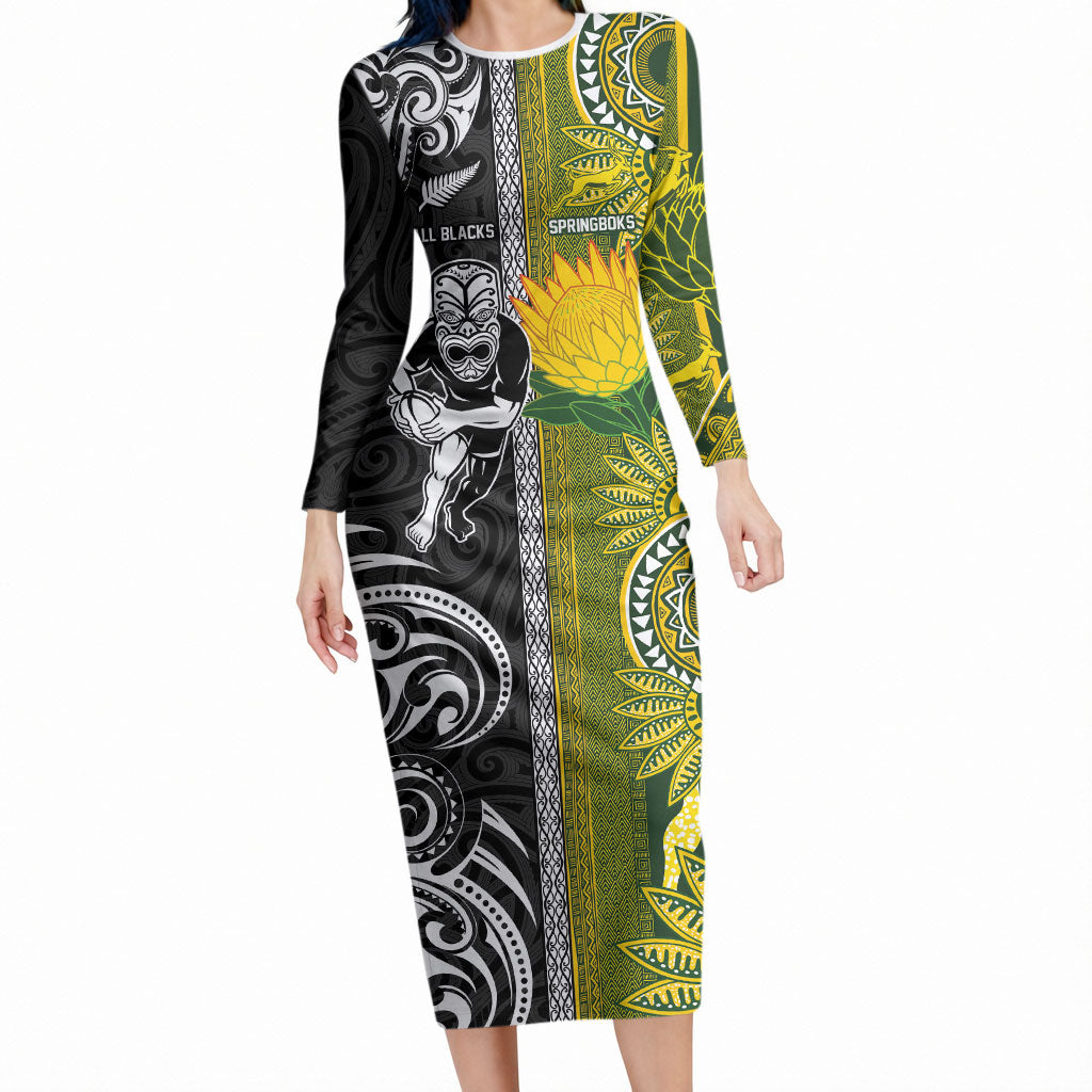 Custom Rugby New Zealand and South Africa Long Sleeve Bodycon Dress Greatest Rivalry Silver Fern and Antelope