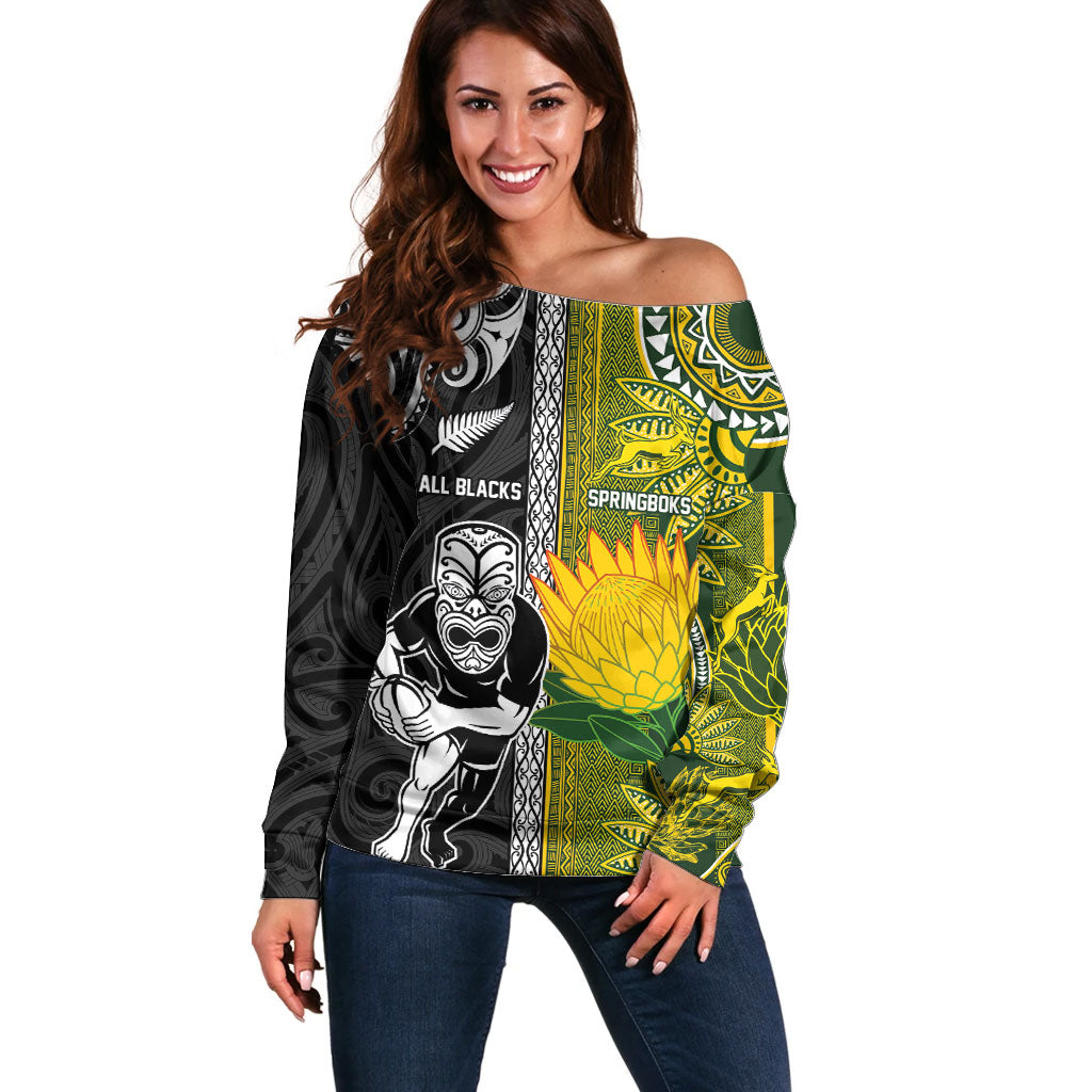 Custom Rugby New Zealand and South Africa Off Shoulder Sweater Greatest Rivalry Silver Fern and Antelope