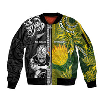 Custom Rugby New Zealand and South Africa Sleeve Zip Bomber Jacket Greatest Rivalry Silver Fern and Antelope