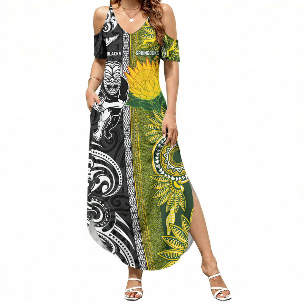 Custom Rugby New Zealand and South Africa Summer Maxi Dress Greatest Rivalry Silver Fern and Antelope