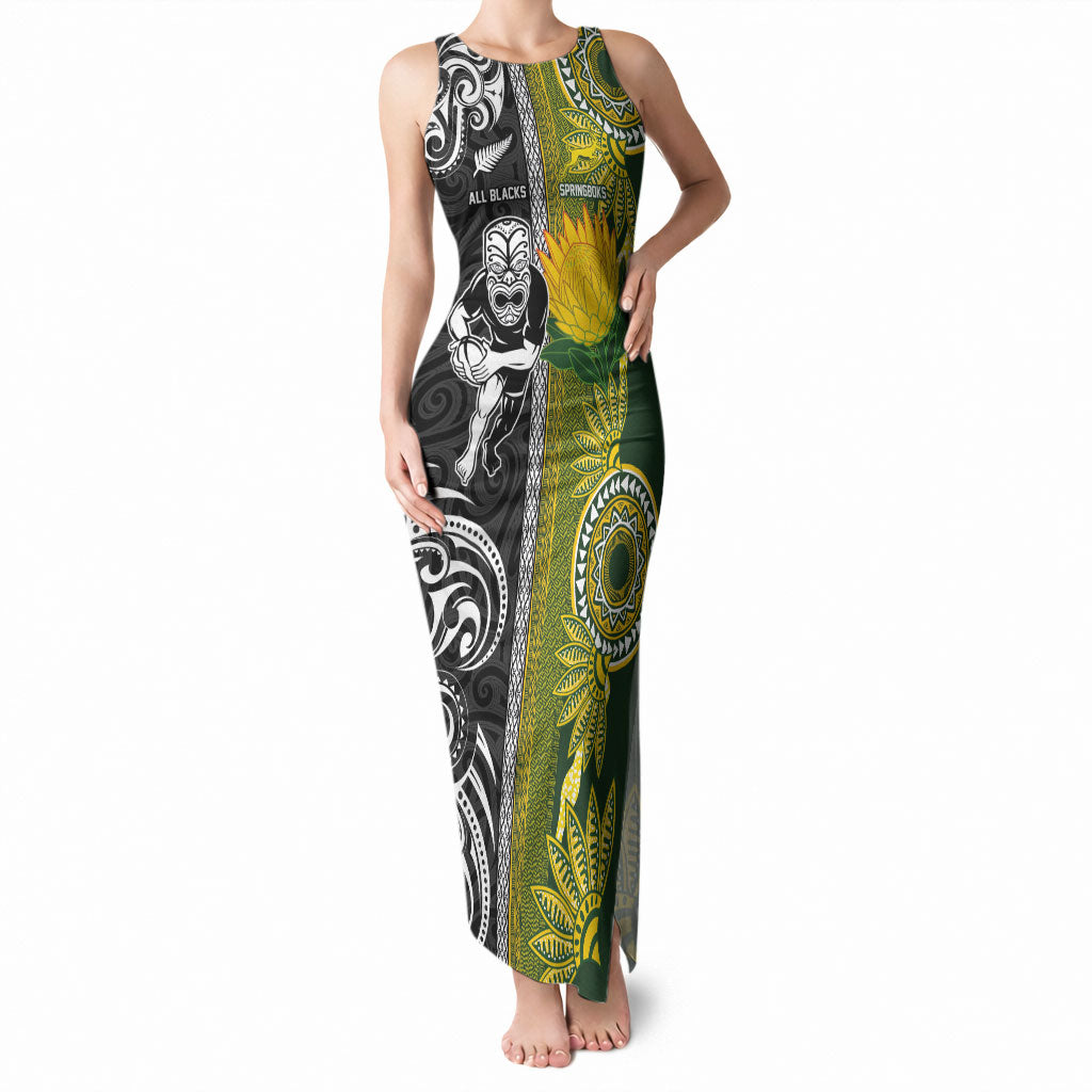 Custom Rugby New Zealand and South Africa Tank Maxi Dress Greatest Rivalry Silver Fern and Antelope