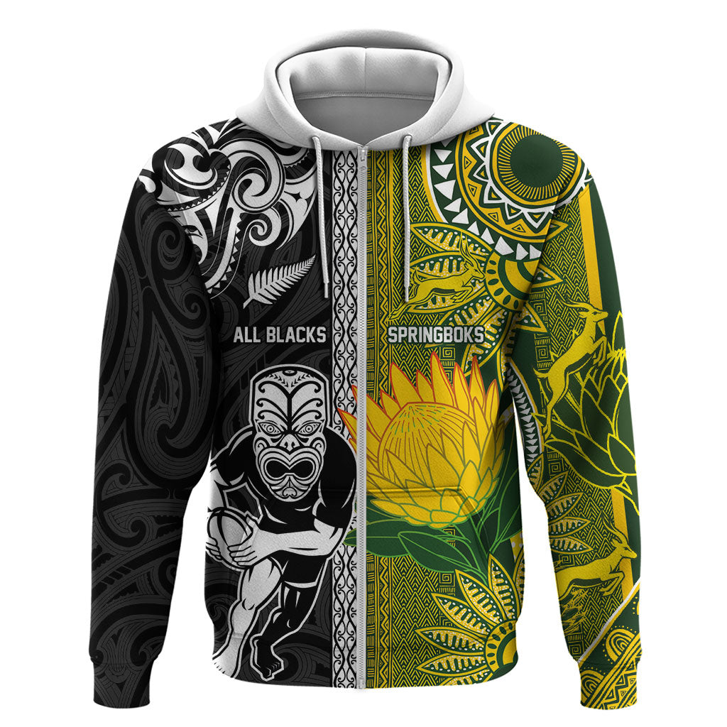 Custom Rugby New Zealand and South Africa Zip Hoodie Greatest Rivalry Silver Fern and Antelope