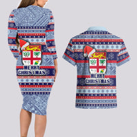 Fiji Christmas Couples Matching Long Sleeve Bodycon Dress and Hawaiian Shirt Fijian Santa and Coat of Arms Mix Tapa Pattern Striped Style LT03 - Polynesian Pride
