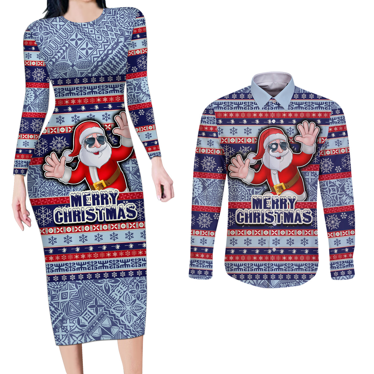 Fiji Christmas Couples Matching Long Sleeve Bodycon Dress and Long Sleeve Button Shirts Fijian Santa and Coat of Arms Mix Tapa Pattern Striped Style LT03 Blue - Polynesian Pride